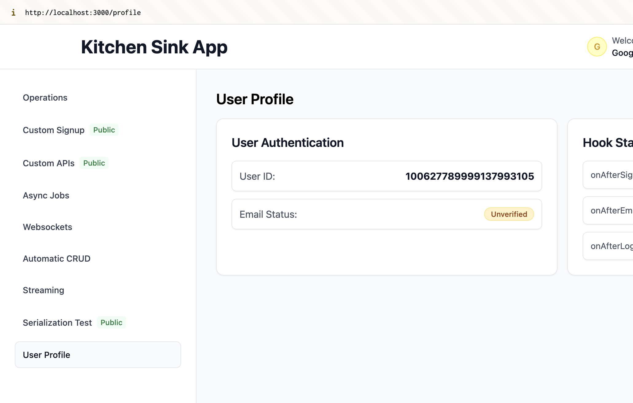 A screenshot of our Kitchen Sink app, focusing on its navigation sidebar, with multiple tests easily accessible.